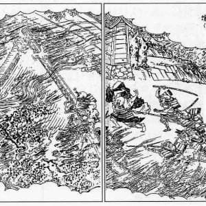 Nobunaga forces setting fire to Enryaku-ji and massacring the monks in the Siege of Mount Hie 1571 (Depiction in the Ehon taikouki)