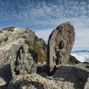 Buddhist statues on the peak of Komagaoka Mountain