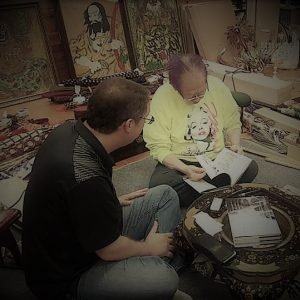 The author, Sean Askew, discussing the history of the Momochi-Den with Grandmaster Masaaki Hatsumi